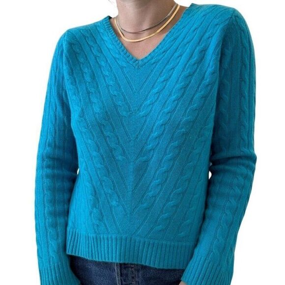 Valerie Stevens Womens Cobalt Blue 2 Ply Cashmere Cable Knit V Neck Sweater Sz L - Picture 1 of 9